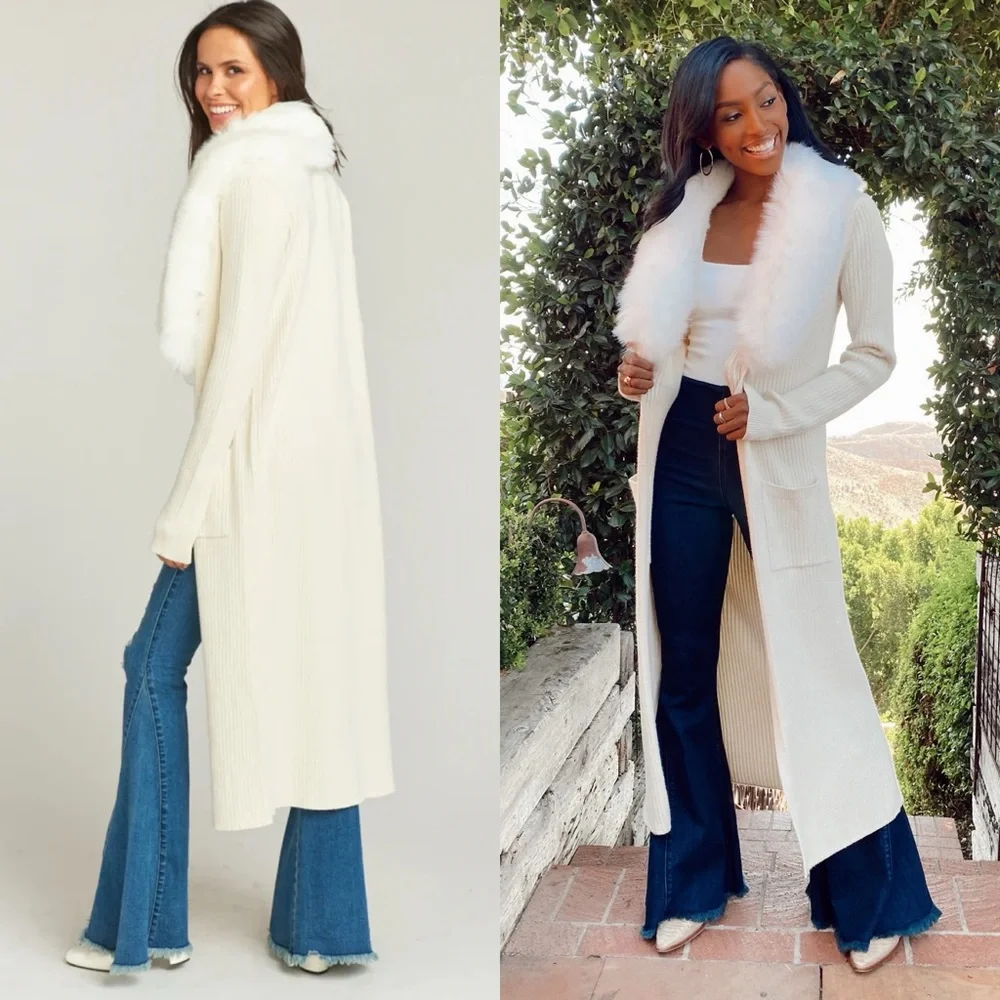 Show Me Your MuMu Cream Faux-Fur Collar Long Cardigan - Picture 4 of 13